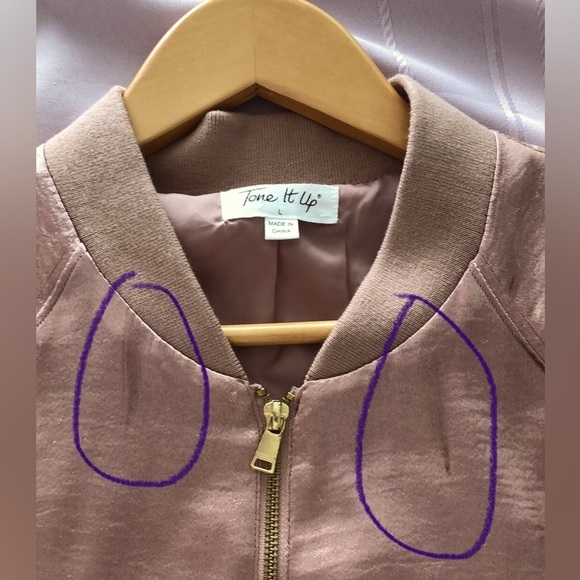 Tone It Up Pink Satin Bomber Jacket. Front Zip. Mob Wife. Palm trees. LARGE - Picture 13 of 16
